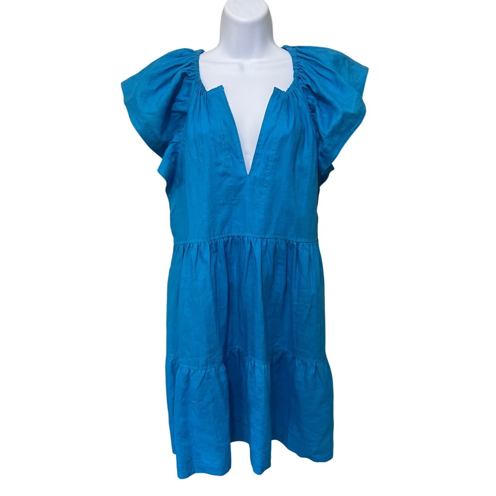 Marie Oliver Kara Dress Bondi Blue 100% Linen Flutter Sleeve V-Neck Mini New